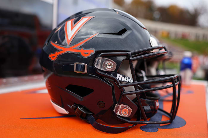 Nov 5, 2022; Charlottesville, Virginia, USA; A general view of a Virginia Cavaliers helmet on the sideline during the game between the Virginia Cavaliers and the North Carolina Tar Heels at Scott Stadium. Mandatory Credit: Scott Taetsch-USA TODAY Sports